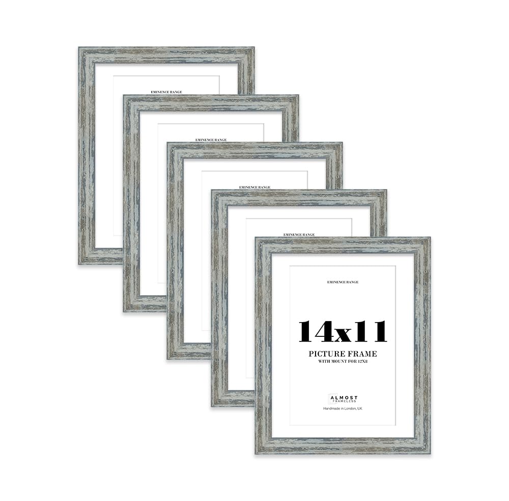 14x11" Distressed Blue Picture Frame with 12x8" Mount - Reclaimed Wood Style Photo Frame with Distressed Finish, Wall Hooks and Kickstand, 32mm Edge - 5 Pack