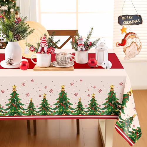 Image of Childom 2 Pack Christmas Tablecloths,Christmas Party Decoration,54 x 108 Inch,Disposable Plastic Table Cloths Rectangular for Party Supplies,Xmas Tree Table Cover for Home,Dinner,Indoor,Outdoor,Picnic