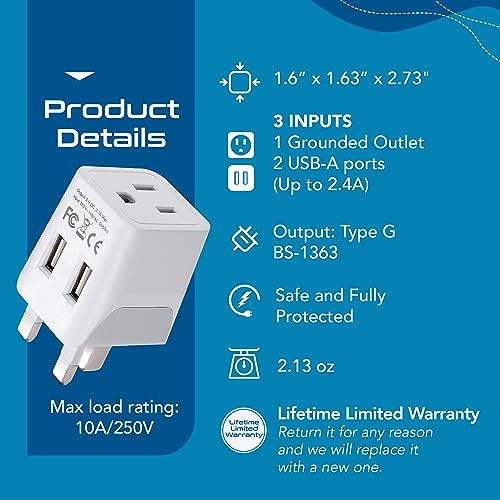 Image of Ceptics UK adapters for Travel to London, UAE, Hong Kong - USB-A, USB-C & USA Input - Ultra-Compact Grounded Type G Adapter - Use with Phones, Laptops, Cameras