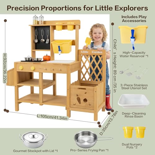 Image of Wooden Mud Kitchen for Kids with Running Water Sink, Outdoor Play Kitchen