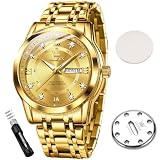 OLEVS Reloj de pulsera de lujo para hombre, de acero inoxidable, de cuarzo, resistente al agua, luminoso, día y fecha, 5513XX: banda dorada y esfera dorada