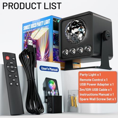Image of Disco Ball Light Party Lights, Sunset Lamp Dj Disco Light with 6 Working Modes 5 DIY Button Strobe Light Stage Lights Remote Control Disco Ball Lamps for Small Gathering Home Room Parties Birthday