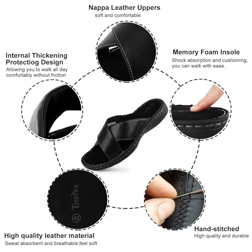 Image of TIESTRA Mens Napa Leather Slides Sandals Soft Cushion Dress Sandals with Memory Foam Footbed Comfortable & Lightweight Summer Beach Indoor & Outdoor Slip On Casual Footwear Black EU42 US9