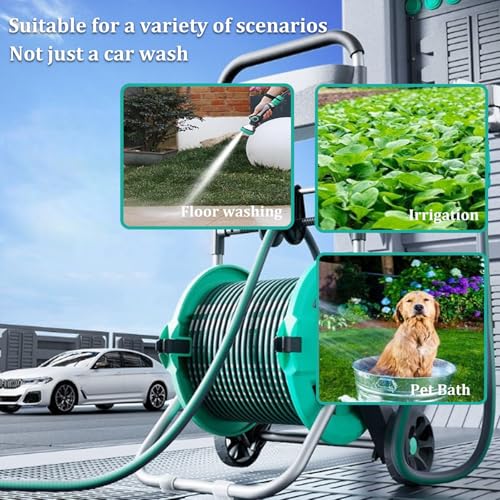 Carrello avvolgitubo portatile con ruote regolabile retrattile per tubo da giardino con guida integrata e raccordi per irrigazione del prato e lavaggio auto (include pistola ad acqua da 3,25 m)