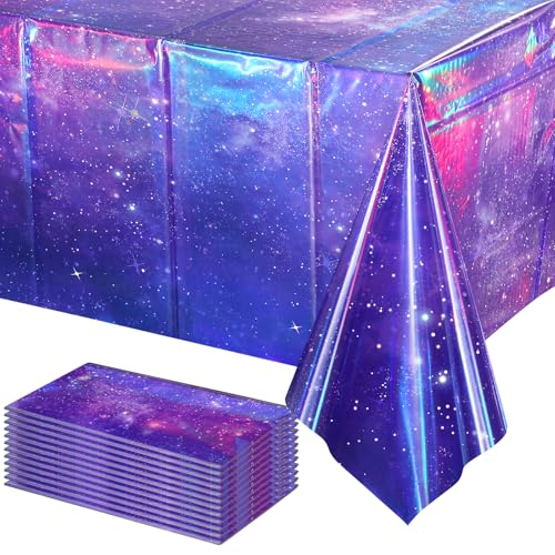 Image of 12Pcs Iridescent Space Tablecloths, Disposable Plastic Purple Galaxy Table Cloth Rectangle Table Covers for Space Starry Night Star Theme Party Birthday Party Decorations, 54x108 Inch