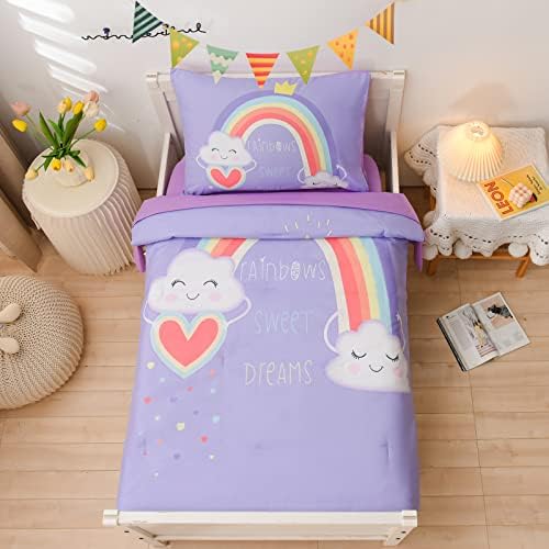 A Nice Night Bedding 4 Piece Cartoon Rainbow Toddler Bedding Set with Cloud Printed for Boys Bed Comforter Sheet Set,Purple