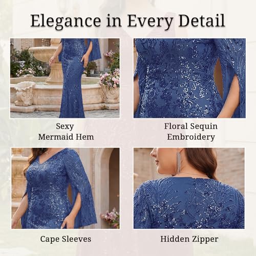 Image of Plus Size Formal Dresses for Women with Embroidery Sequin and Cape Sleeve, V-Neck Maxi Dress for Wedding and Party