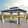 YITAHOME 10x12FT Hard-Top Double Roof Gazebo Canopy Outdoor with Netting and Shaded Curtains, Aluminum Frame Polycarbonate Hardtop Garden Tent for Patio, Backyard, Deck and Lawns, Brown
