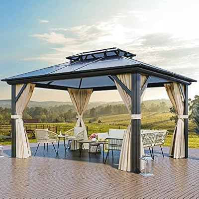 YITAHOME 10x12FT Hard-Top Double Roof Gazebo Canopy Outdoor with Netting and Shaded Curtains, Aluminum Frame Polycarbonate Hardtop Garden Tent for Patio, Backyard, Deck and Lawns, Brown