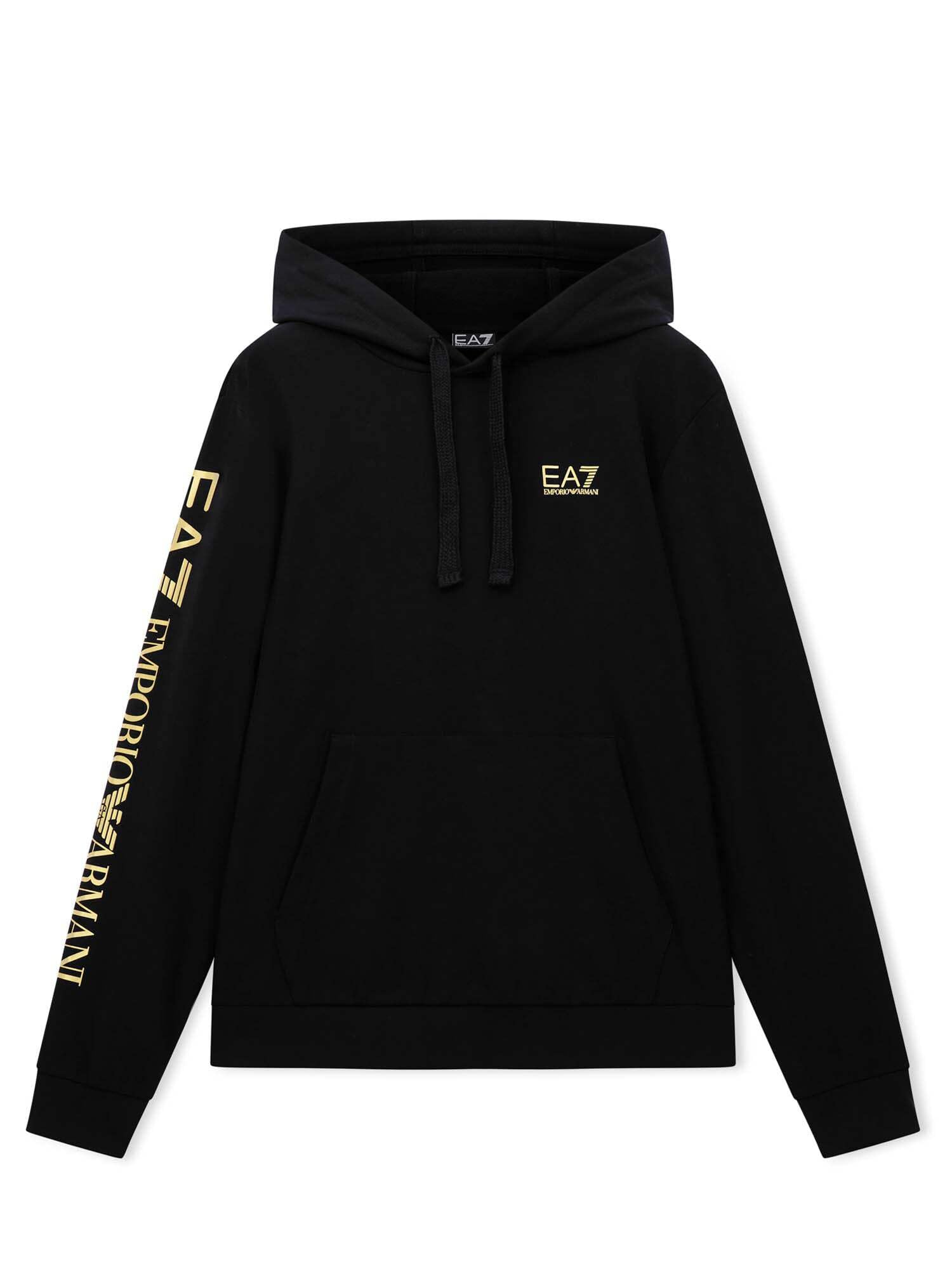 Emporio Armani Men's Black/Gold Ea7 Hooded Sweatshirt With Logo Series In Lightweight Cotton, Xl