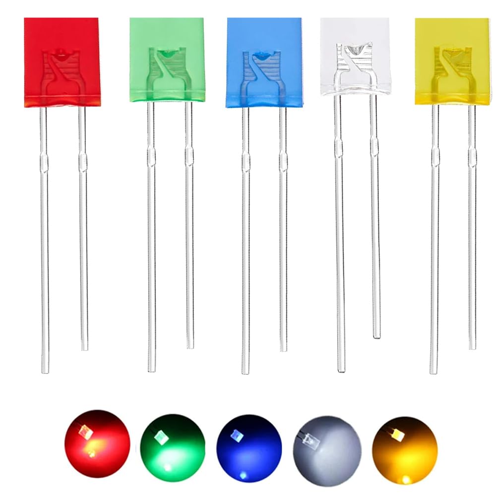 100PCS 2X3X4 Diffused Len Square LED Red Light-Emitting Diode White Yellow Red Green Blue Electronic DIY Kit (5 Colors (R,G,B,Y,W), 2X3X4 Diffused Len)