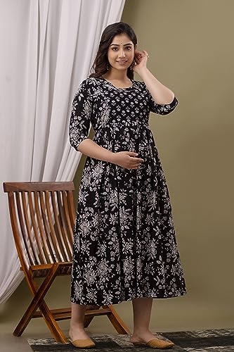 Image of Maternity Feeding Kurti for Women | Cotton Blend Anarkali Dress with Nursing Zip for Pre & Post Pregnancy