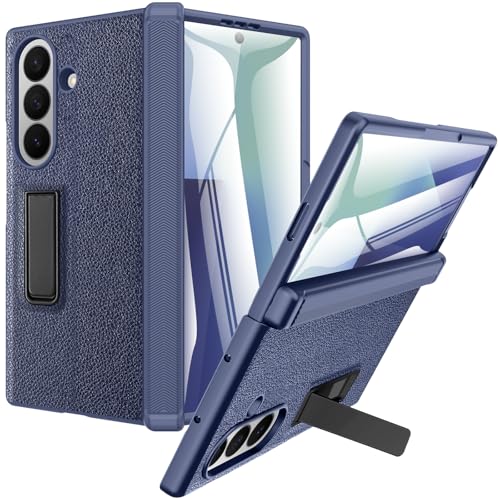 Coque Galaxy Z Fold 7 NINKI avec protection charnière et béquille magnétique en cuir bleu mat