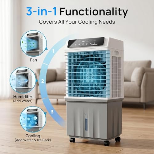 Image of Swamp Cooler,1800 CFM Evaporative Cooler with 5.3 Gal Water Tank,4 Ice Boxes,12H Timer,3 Speeds,4 Modes,120Oscillation,3-IN-1 Windowless Ac,Air Cooler for Indoor,Room,Bedroom,Kitchen,Office