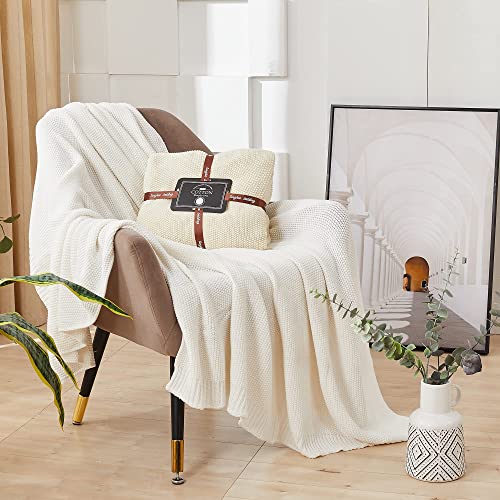 Longhui Bedding Cream Cotton Cable Knit Throw Blanket For Couch Sofa Bed, Home Decorative Throws, Lightweight Woven Throw Blankets With Bonus Laundering Bag, 50“ X 60”, Beige #TOP4
