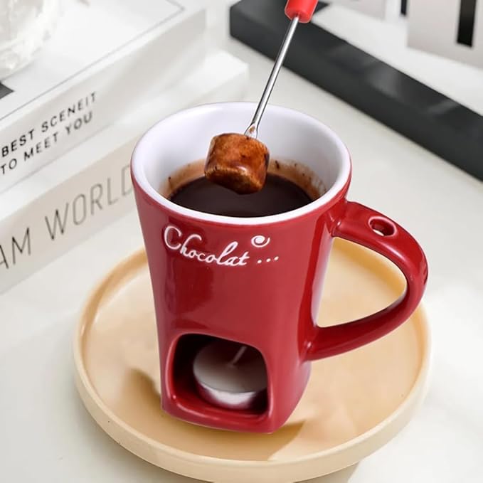 Meltie Cup, Chocolate Fondue Mug Set, Mini Ceramic Chocolate Melting Mug With Forks, Sweet Fondue Set Without Tealights for Date Night Birthday Wedding Gifts (Red) miniatura 4