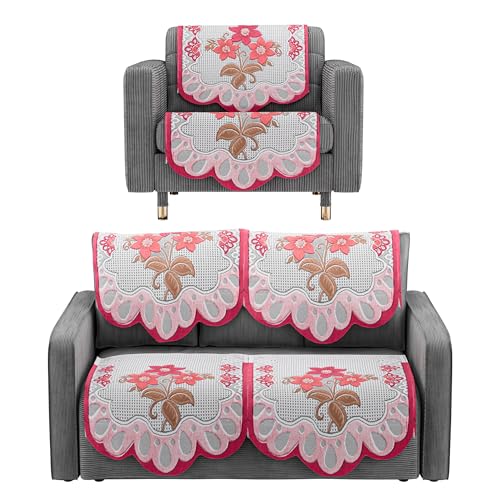 Image of Kuber Industries (Set of 6) Stylish & Durable Cotton Sofa Covers 2+1 Seater | Washable Sofa Protector /Mat & Slipcover for Living Room & Office | Painting Design-White & Pink