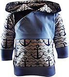  Baby/Kinder Kaputzen Langarm Hoodie Shirt ANKERDESIGN mit Bauchtasche (Farbe Anker Navy/Welle hellblau/Bund hellblau) (Größe 134/146)