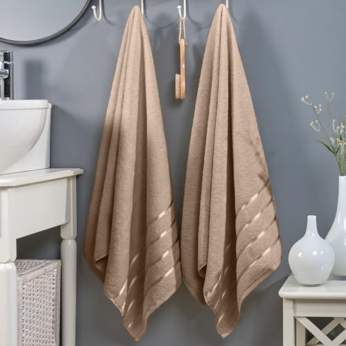 Image of Elegant Comfort 100% Turkish Cotton 4 Lines Viscose Stripe Luxury 2 Pack Bath Towel Set 27 x 54 Inch - Super Soft and Highly Absorbent Premium Hotel Spa Quality Towels for Bathroom Use, Taupe