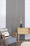 Daten im Überblick: Maße: 20mm x 400mm x 2600mm - Filzmatte in Schwarz 0,8mm stark - 12mm starke Lamellen aus MDF mit Qualitäts-Dekorkaschierung -Abstände zwischen den Lamellen 18mm - komplett vormontiert