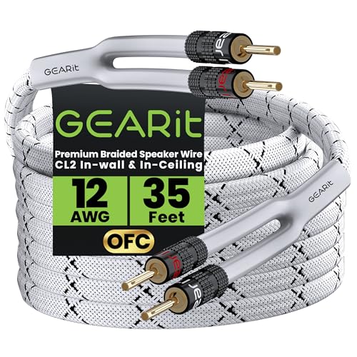 GearIT 12AWG Premium Heavy Duty Braided Speaker Wire Cable (35 Feet) Dual Gold Plated Banana Plug Tips - In-Wall CL2 - Oxygen-Free Copper (OFC) White