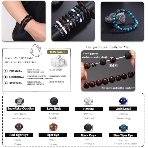 FIRAZIO 10 Pcs Tiger Eye Bracelet For Men 8MM Natural Stone Beads Bracelet Set Stretch Lava Rock Bracelets Adjustable Black Crystal Beaded Bracelet for Men Women Gifts3