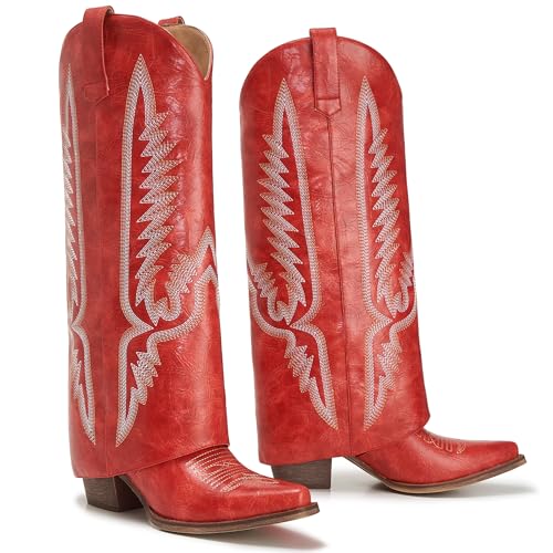 Image of Fold Over Boots for Women Pointy Pull-on Wedge Heel Knee Shark Boot With Side Zipper Padlock Design