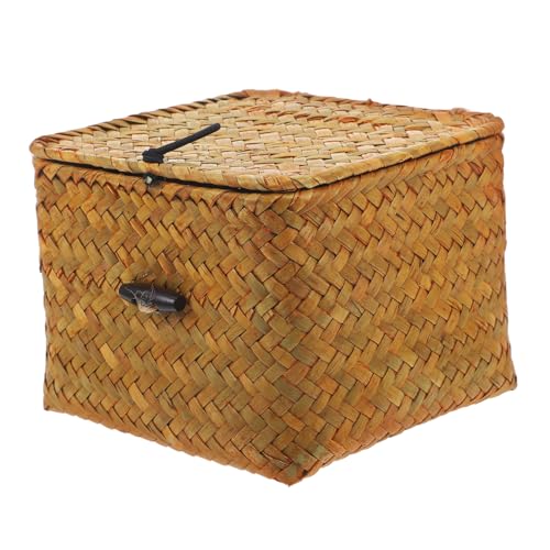 Panier en jonc de mer avec couvercle, boîte rangement osier rotin pour tiroir bureau