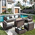 8 Pieces Patio Furniture Sectional Sofa 50000 BTU Propane Gas Fire Pit Table, Outdoor PE Rattan Patio Conversation Set with Glass Coffee Tables and Cushions for for Lawn, Poolside, Backyard/Grey