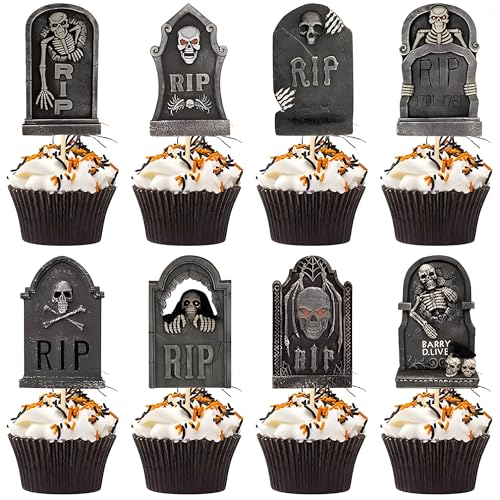 16Pcs Tombstone Cupcake Toppers - Graveyard Cake Decorations for Halloween