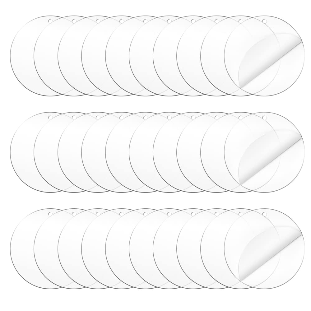 Chihutown 30 Pieces 3 Inches (7.5 CM) Round Acrylic Panel with Hole, Clear Circle Acrylic Sheet, Acrylic Blanks Transparent Circle Ornament for Picture Frame Painting DIY Crafts (cn01)