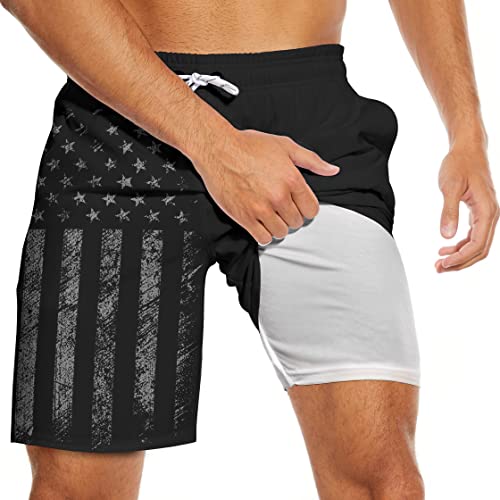 Mens Swim Trunks with Compression Liner Black American Flag Swim Trunks Men Board Shorts Men's Swimsuit 7 Inch Inseam