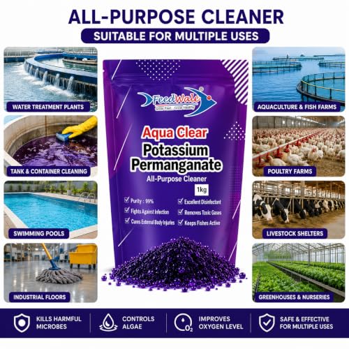 Image of FeedWale Potassium Permanganate KMnO4 Crystals 99.99% Pure | Pond Water Disinfectant | Fish Pond | Aquarium | Aquaculture | Biofloc | Poultry 1kg