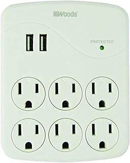 Woods 41079 Surge Protector with 6 Outlets and 2 USB Type A Ports with 1000J of Protection; White
