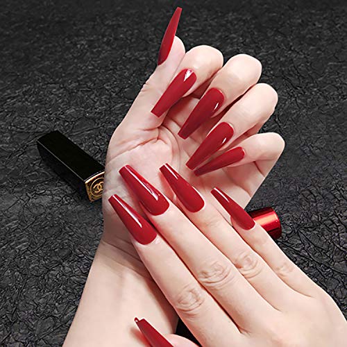 Vaveah 24 Pcs Press on Nails Coffin for Women, Extra Long Fake Nails Glue on Nails, False Nails with Glue (Red)