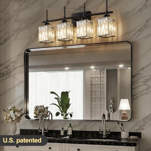 Image of Torondo Modern Crystal Bathroom Vanity Light 4-Lights Matte Black Bathroom Light Fixtures Over Mirror Matte Black Vanity Lighting Fixtures Square Shade Brass Wall Sconce (Bulbs Not Include)