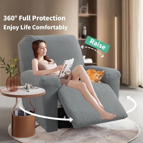 Image of YEMYHOM 4 Pieces Oversized Stretch Recliner Slipcover Jacquard Large Recliner Chair Cover with Side Pocket Anti-Slip Furniture Protector with Elastic Bottom (X-Large Recliner, Light Gray)