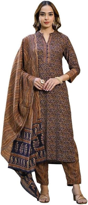 Vaamsi Women's Rayon Blend Kalamkari Printed Straight Kurta Pant With Dupatta