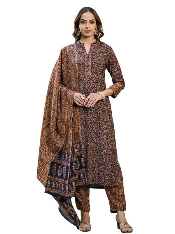 Vaamsi Women's Rayon Blend Kalamkari Printed Straight Kurta Pant With Dupatta