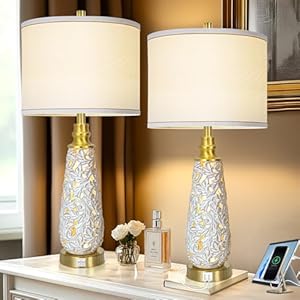 29″ Ceramic Table Lamps Set of 2 with Night Light – Lamps for Nightstand,Bedside Lamps with USB Ports,Nightstand Lamps,Modern Table Lamps with White Linen Shade for Living Room,Bedroom(Bulb Included)