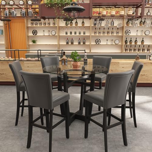 PADMA HOUSE Glass Top High Bar Table Stools Set of 7, 42
