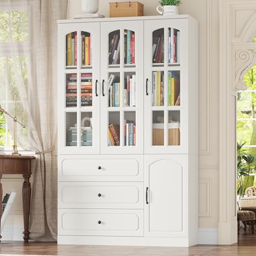79' Tall Bookshelf with Glass Doors and 3 Drawers, White Bookshelf and Bookcase with Storage, 5-Tier...