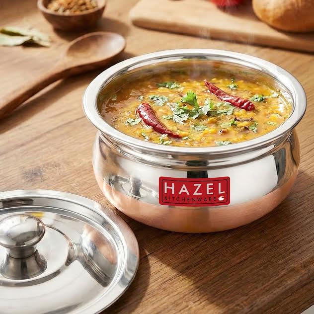 Image of HAZEL Copper Bottom Handi Medium 1200 ml with Lid | Stainless Steel Cookware Handi for Kitchen | Copper Bottom Vessel for Cooking | Steel Utensil for Cooking & Serving