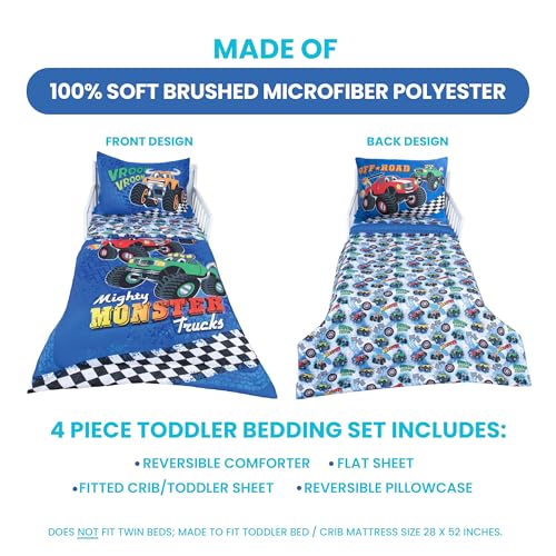 Image of Todays Kids Monster Trucks Toddler Bedding Set for Boys - 4-Piece Toddler Bed Comforter Sets for Boys, Reversible Comforter & Pillowcase, Flat Sheet, Fitted Sheet, Breathable & Super Soft Microfiber