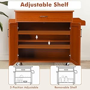 COSTWAY Kitchen Island Cart Rolling Storage Trolley Cart with Lockable Rubber Wheels Large Cabinet Drawer Spice Rack and Towel Rack Kitchen Serving Utility 3 Position Adjustable Shelf Cherry