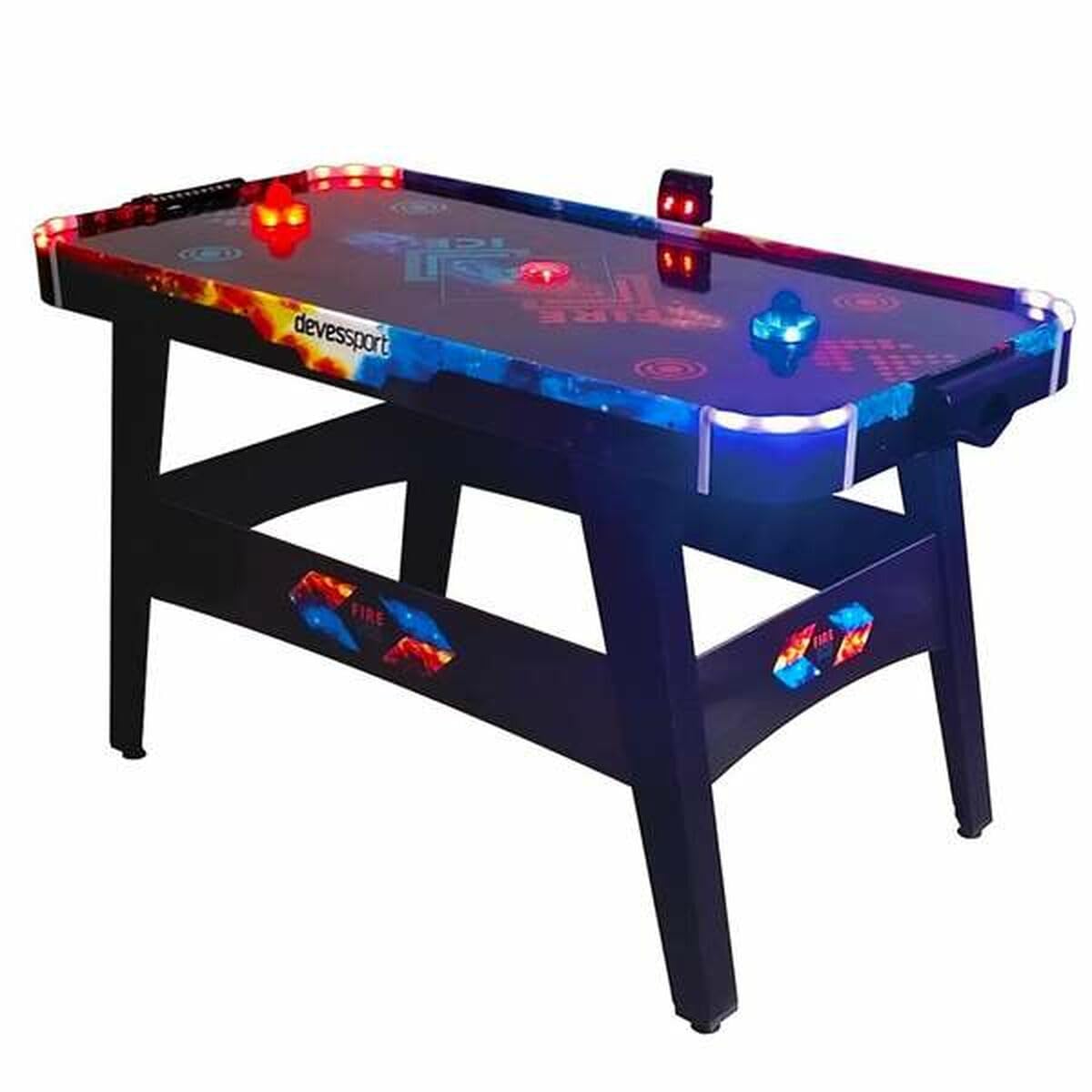 DEVESSPORT Air Hockey Fuego vs Hielo Incluye Dos Lanzadores Leds y Un Disco Led y Niveladores en Cada Pata | Mesa de Hockey con Luces LED Rojo y Azul, Marcador Electrónico y Baterías USB