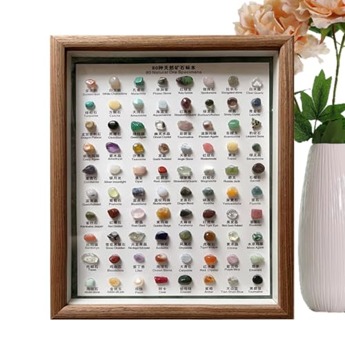 Herramientas de examen de minerales – Kit de identificación de minerales, 80 piedras en bruto portátiles para coleccionar, kit de enseñanza de minerales, tarjeta de identificación clásica con marco de