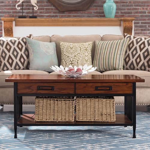 Image of Leick Home Ironcraft Coffee Table, 46 inch, Mission Oak, Black