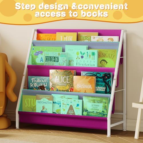 Image of Aokitsink Kids Bookshelf for Kids Rooms, 4-Tier Montessori Bookshelf,Nursery Book Shelves,Pink Toddler Bookshelf, Metal Kid's Book Storage Organizer for Girls Room Furniture Playroom Kindergarten