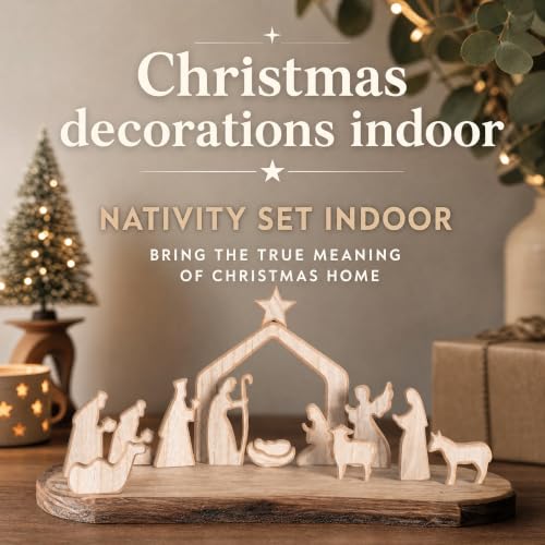 Image of NEROSUN Nativity Scene Set, 13Pcs Wooden Christmas Nativity Scene Miniature Holy Family Figurines, Minimalism Boho Tabletop Christmas Manger Decorations for Christan Indoor Home Mantel Display